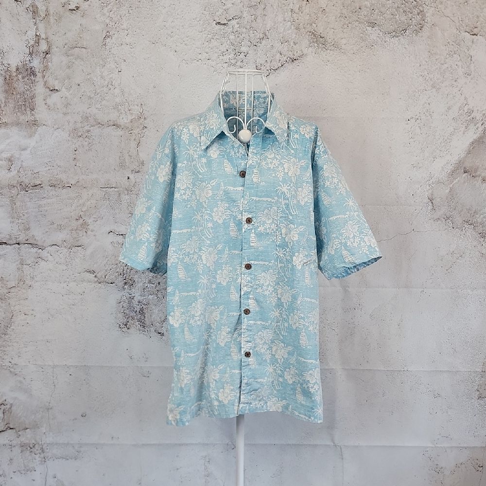 Iron & Resin Hawaiian Shirt Light Blue Tropical Floral Button-Down Mens Size XL